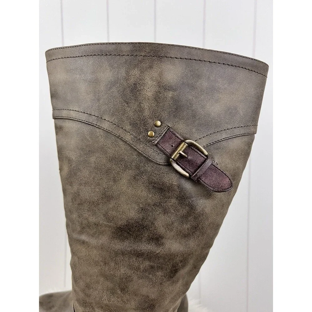 It's OK Tempest Distressed Brown Vegan Leather Tall Riding Boots Wide Calf 8.5W